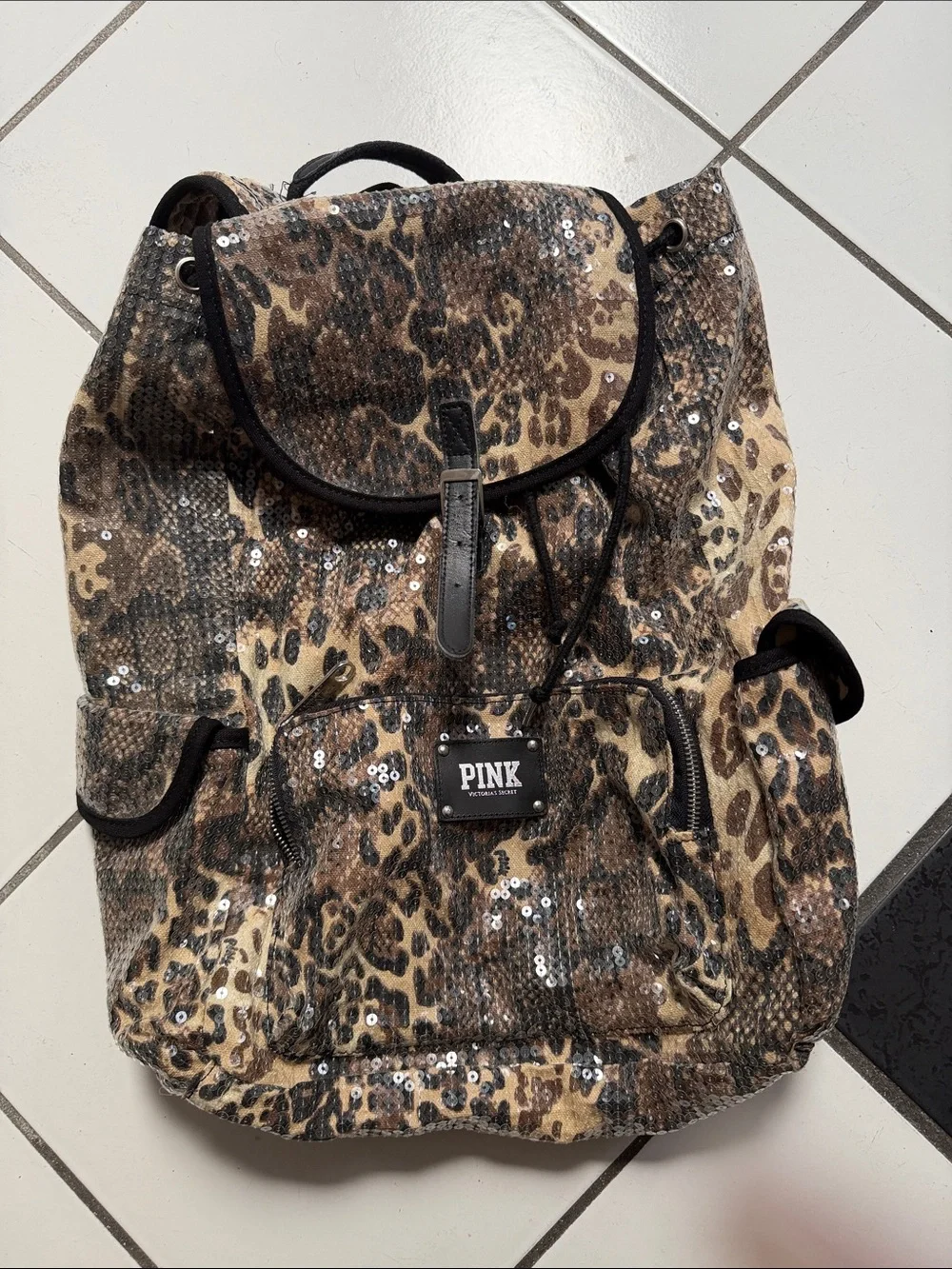 PINK Victoria's Secret Leopard Sequin Backpack - Brown & Black